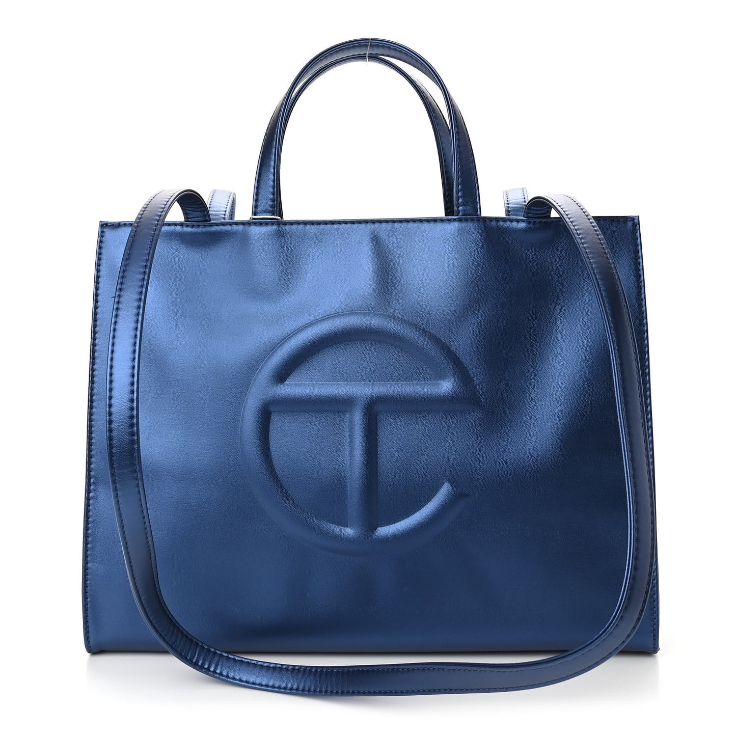 Metallic Vegan Leather Medium Shopping Bag Cobalt