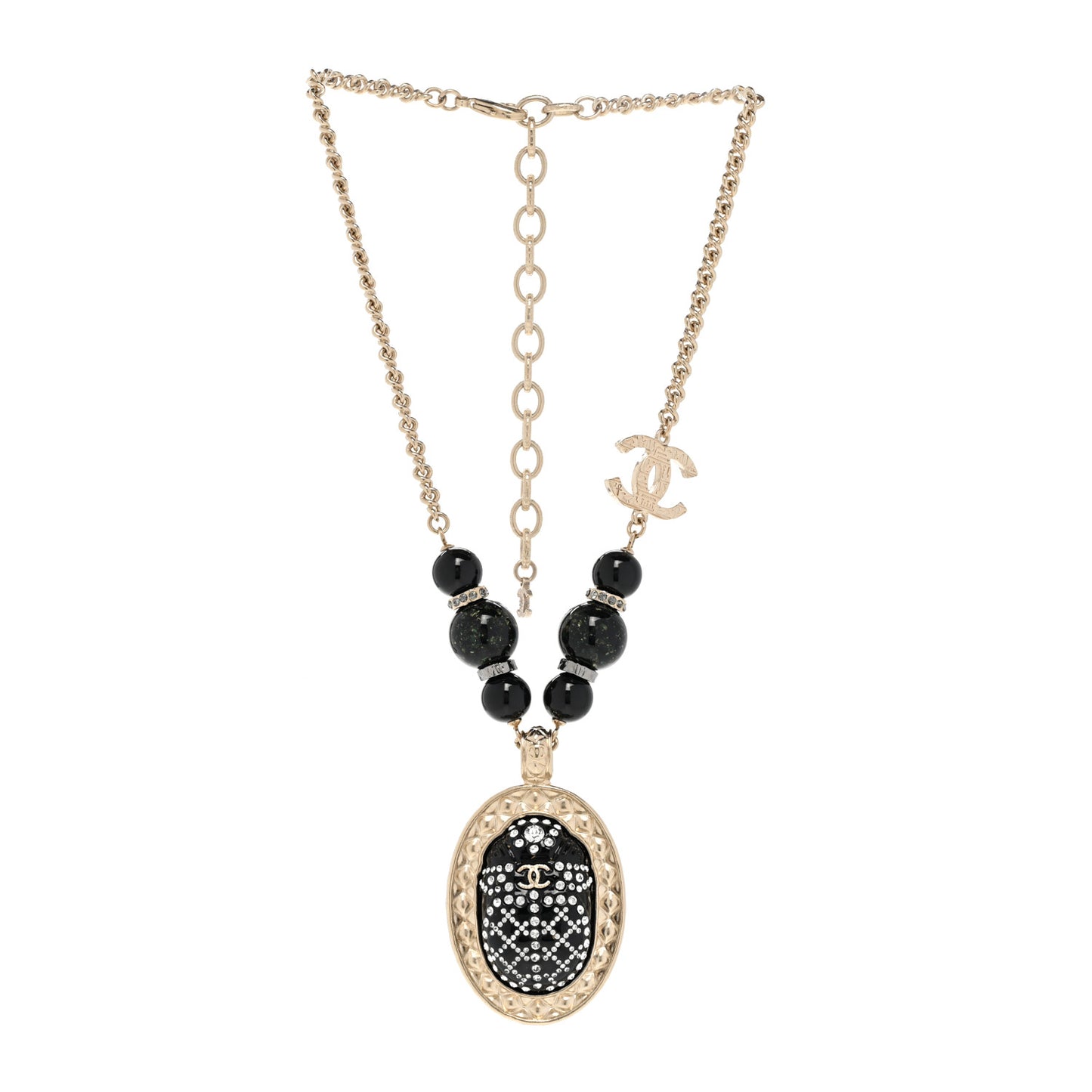 Metal Crystal Bead Scarab CC Pendant Necklace Black