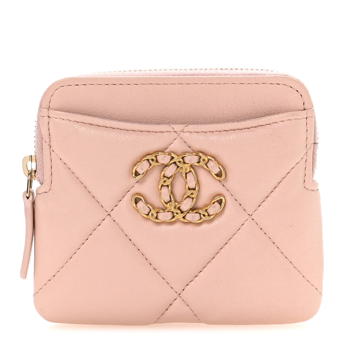 Quilted Chanel 19 Zip Card Holder Wallet Light Pink