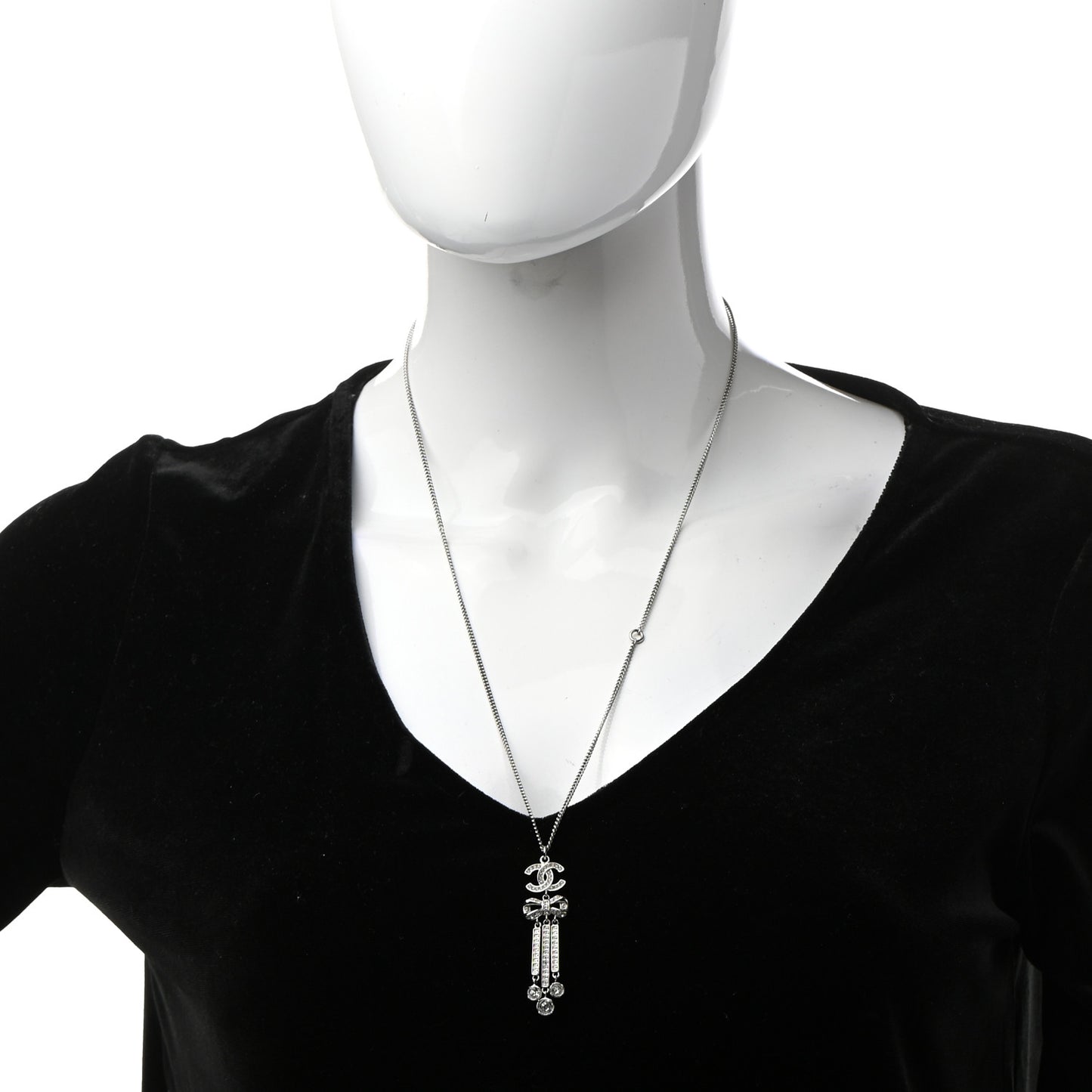 Crystal CC Bow Drop Necklace Silver