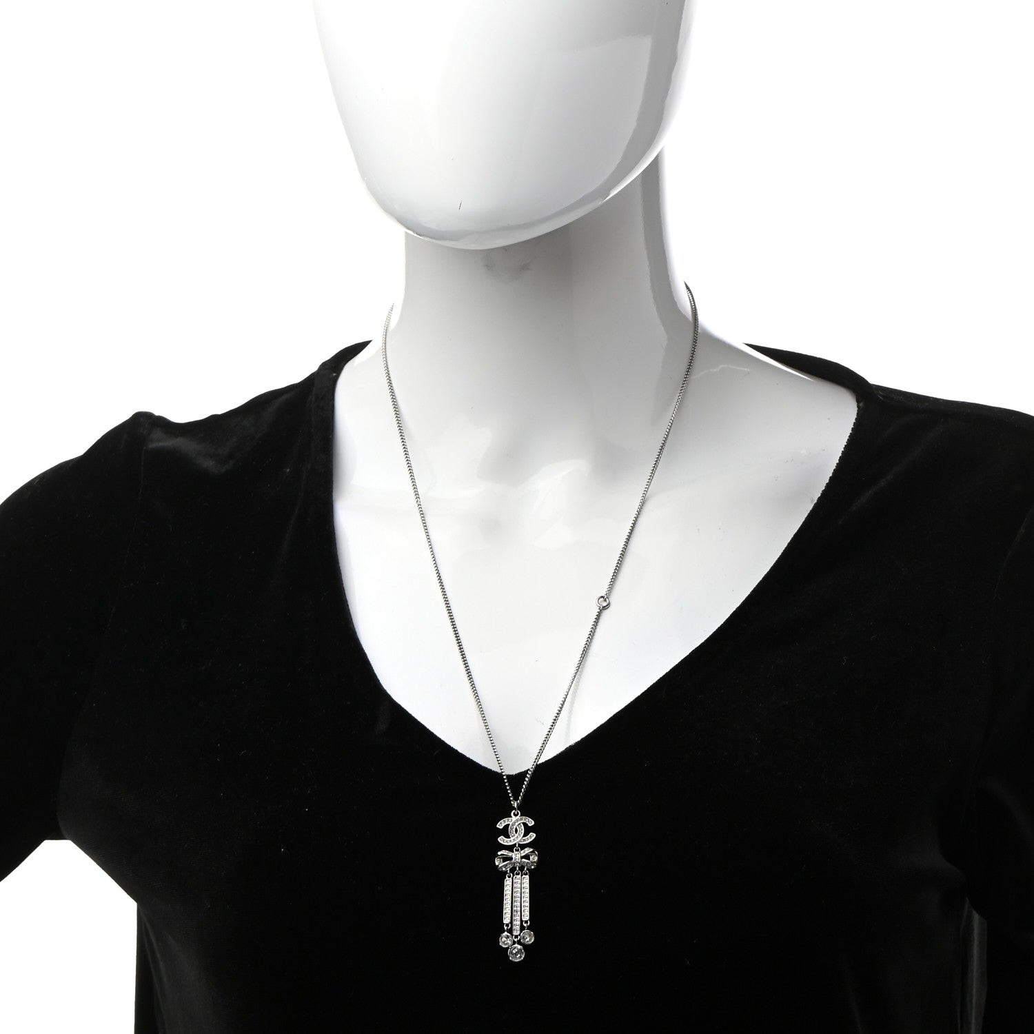 Chanel Crystal CC Bow Drop Necklace Silver 2 of 6