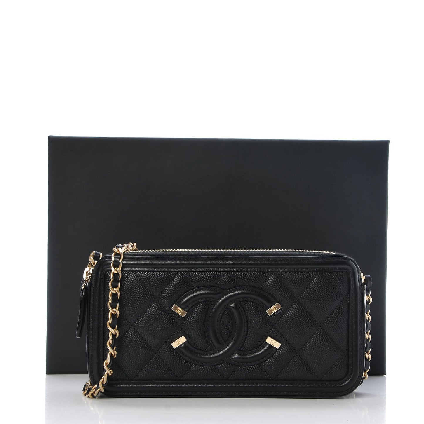 Caviar Quilted CC Filigree Clutch With Chain Black