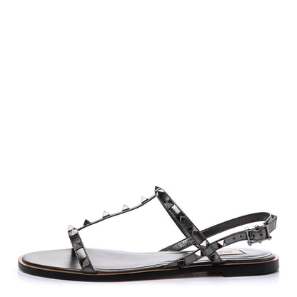 Valentino Garavani Metallic Nappa Rockstud T-Strap Slingback Flat Sandals 39 Rutenio 1 of 10