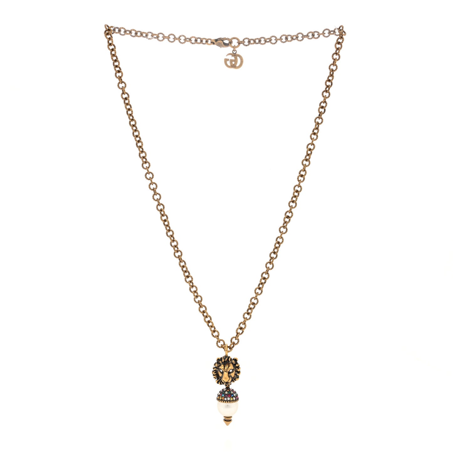 Metal Crystal Pearl Lion Head Necklace Aged Gold