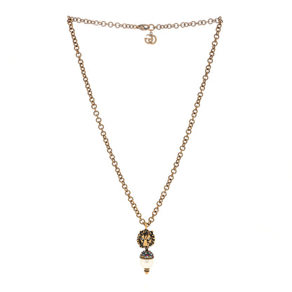 Gucci Metal Crystal Pearl Lion Head Necklace Aged Gold 3 of 5