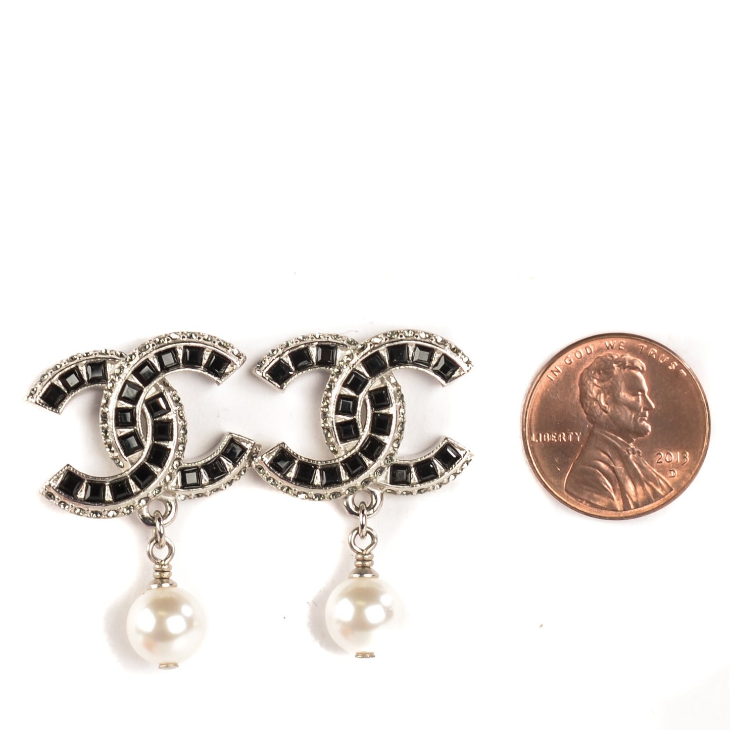 Crystal Baguette Pearl CC Drop Earrings Silver