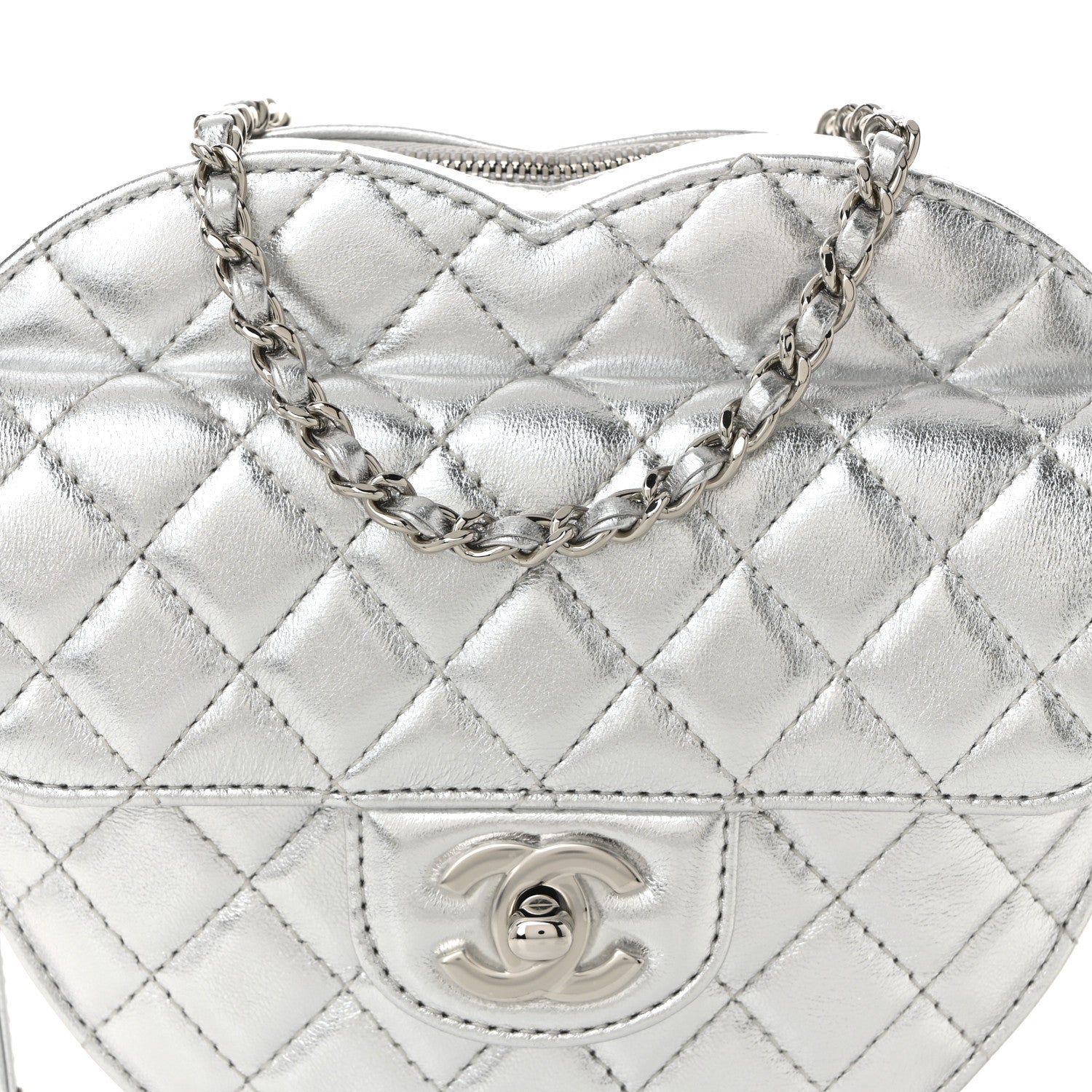 Chanel Metallic Lambskin Quilted Large CC In Love Heart Bag Silver