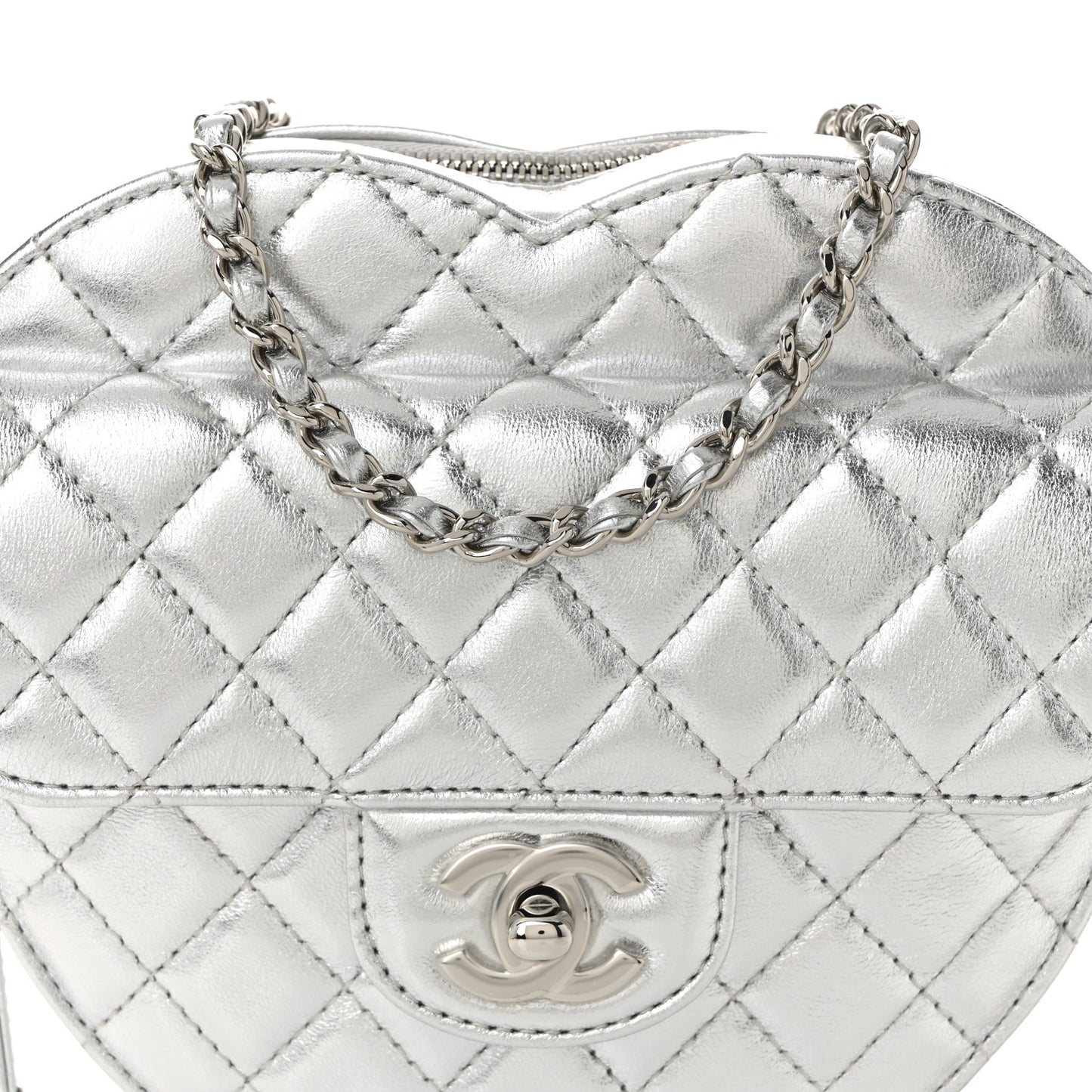 Metallic Lambskin Quilted Large CC In Love Heart Bag Silver