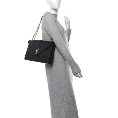 Saint Laurent Grain De Poudre Matelasse Chevron Large Monogram Satchel Black 3 of 10