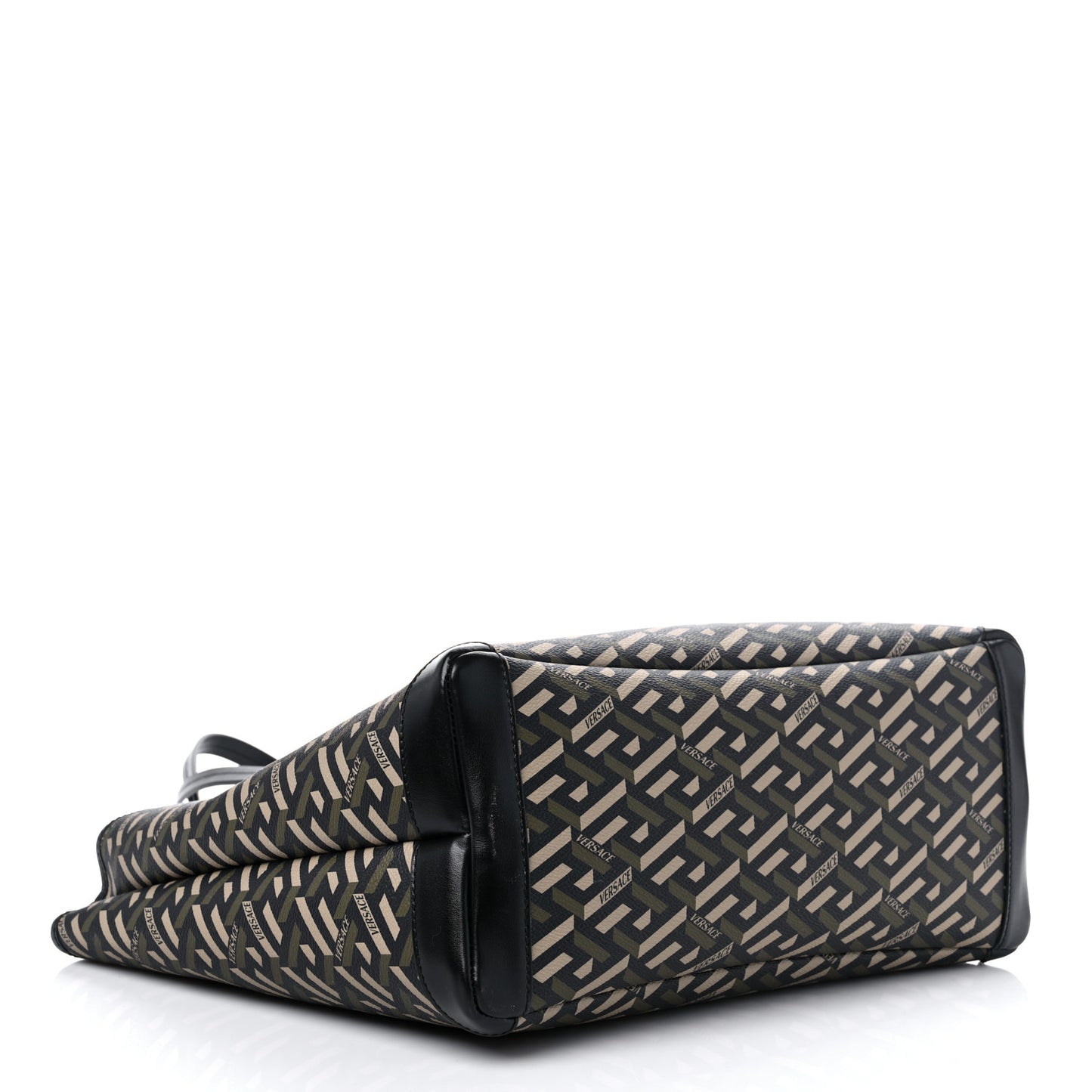 Coated Canvas Calfskin La Greca Signature Shopper Tote Bag Black Khaki