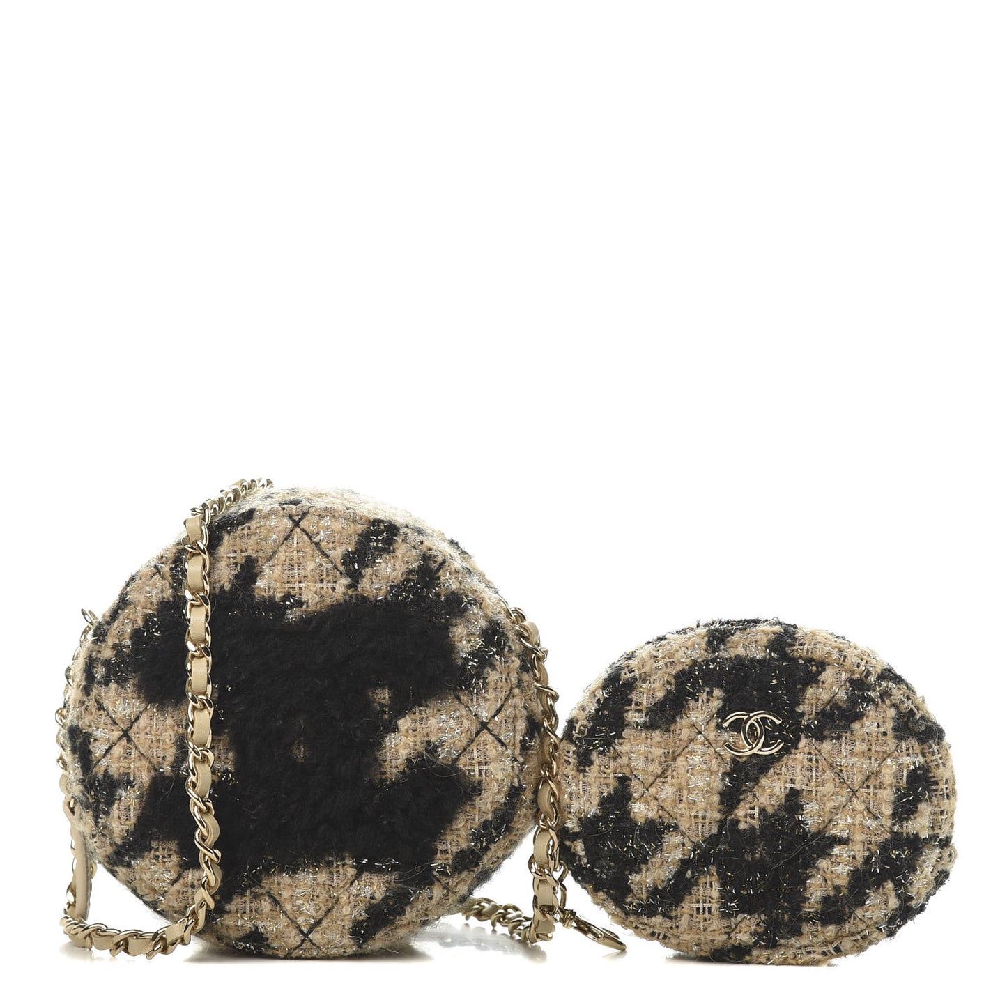 Tweed Shearling Round Clutch With Chain and Coin Purse Beige Black