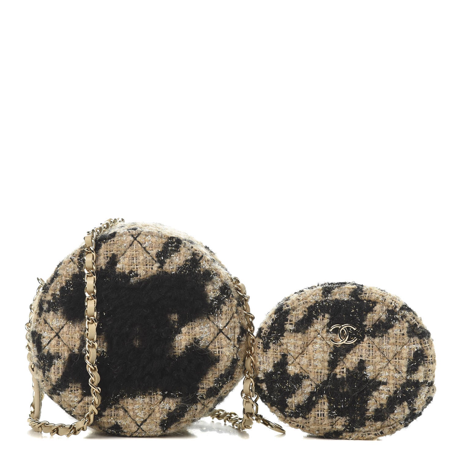 Chanel Tweed Shearling Round Clutch With Chain and Coin Purse Beige Black 1 of 12