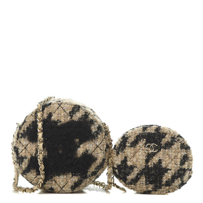 Chanel Tweed Shearling Round Clutch With Chain and Coin Purse Beige Black 1 of 12