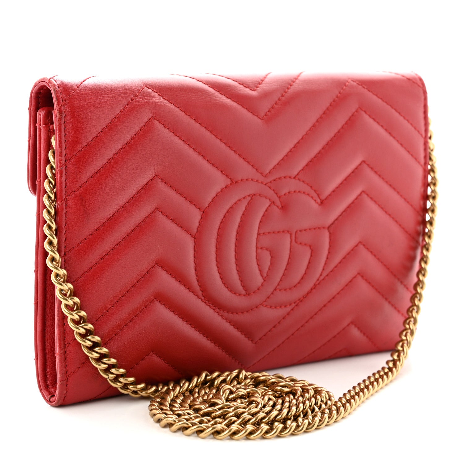 Gucci Calfskin Matelasse Mini GG Marmont Chain Wallet Hibiscus Red 3 of 12