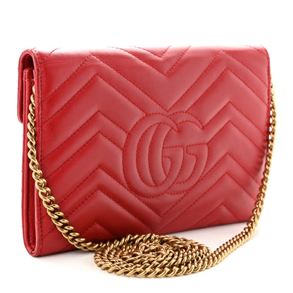 Gucci Calfskin Matelasse Mini GG Marmont Chain Wallet Hibiscus Red 3 of 12