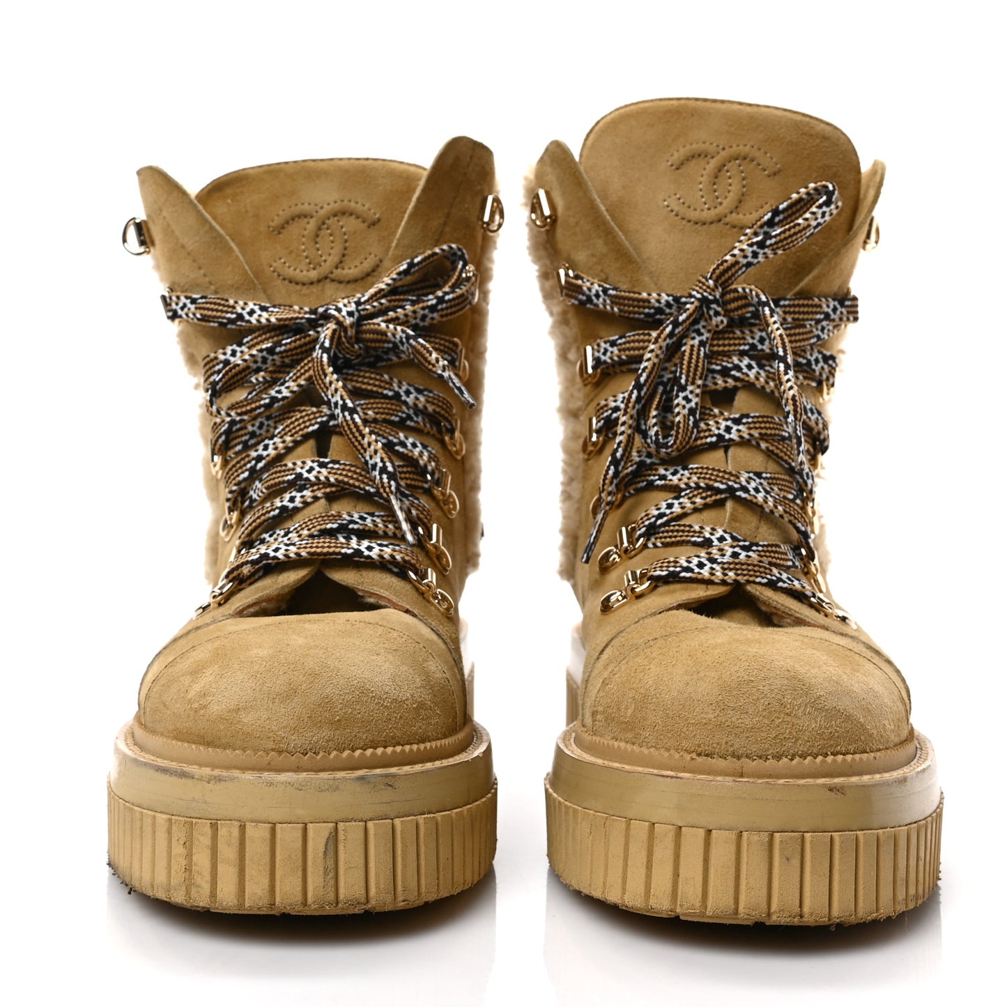 Suede Shearling Quilted CC Combat Boots 38 Beige