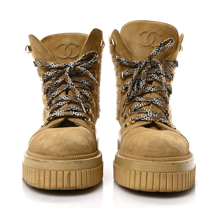 Chanel Suede Shearling Quilted CC Combat Boots 38 Beige 2 of 8