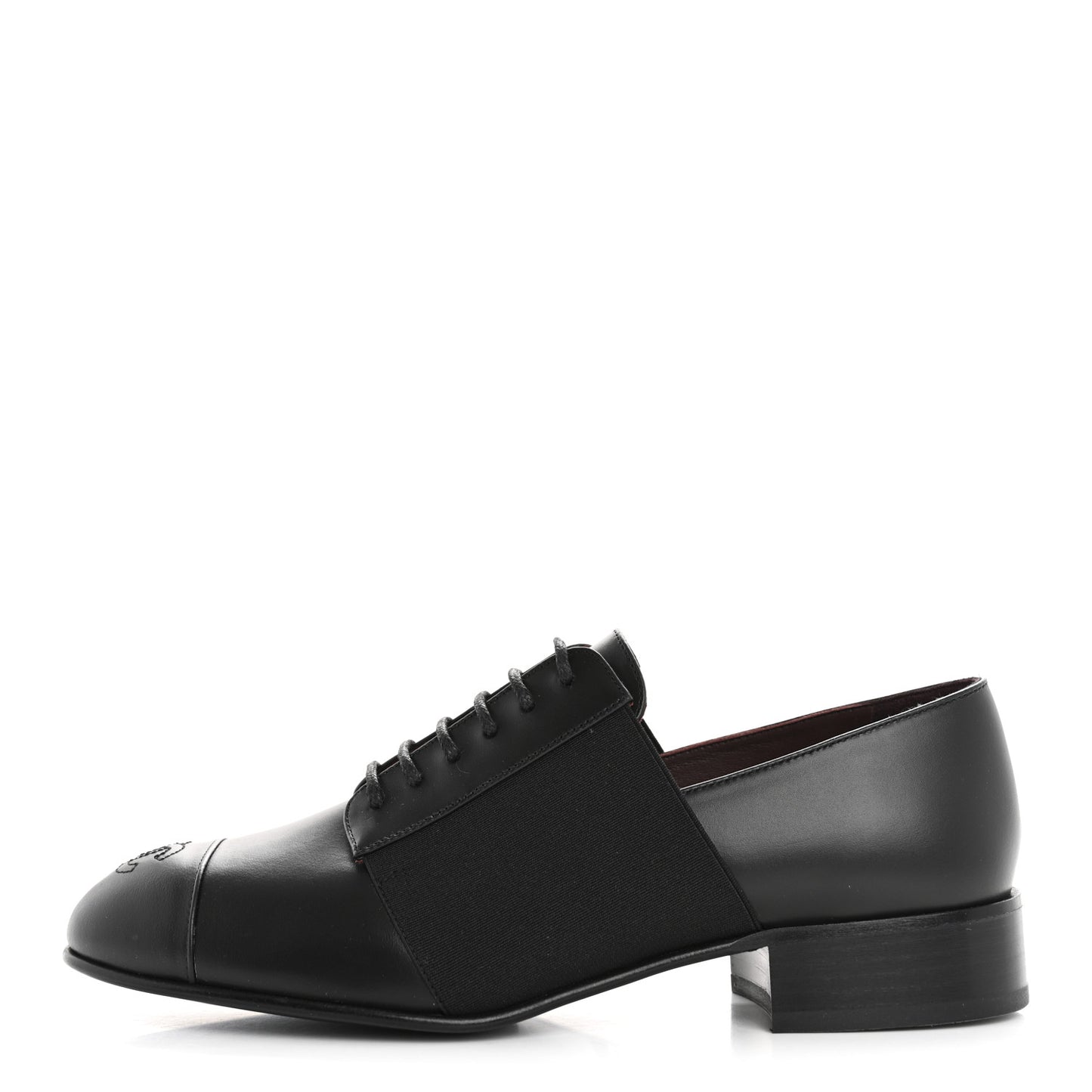 Calfskin Elastic Lace Up Cap Toe CC Loafers 37.5 Black
