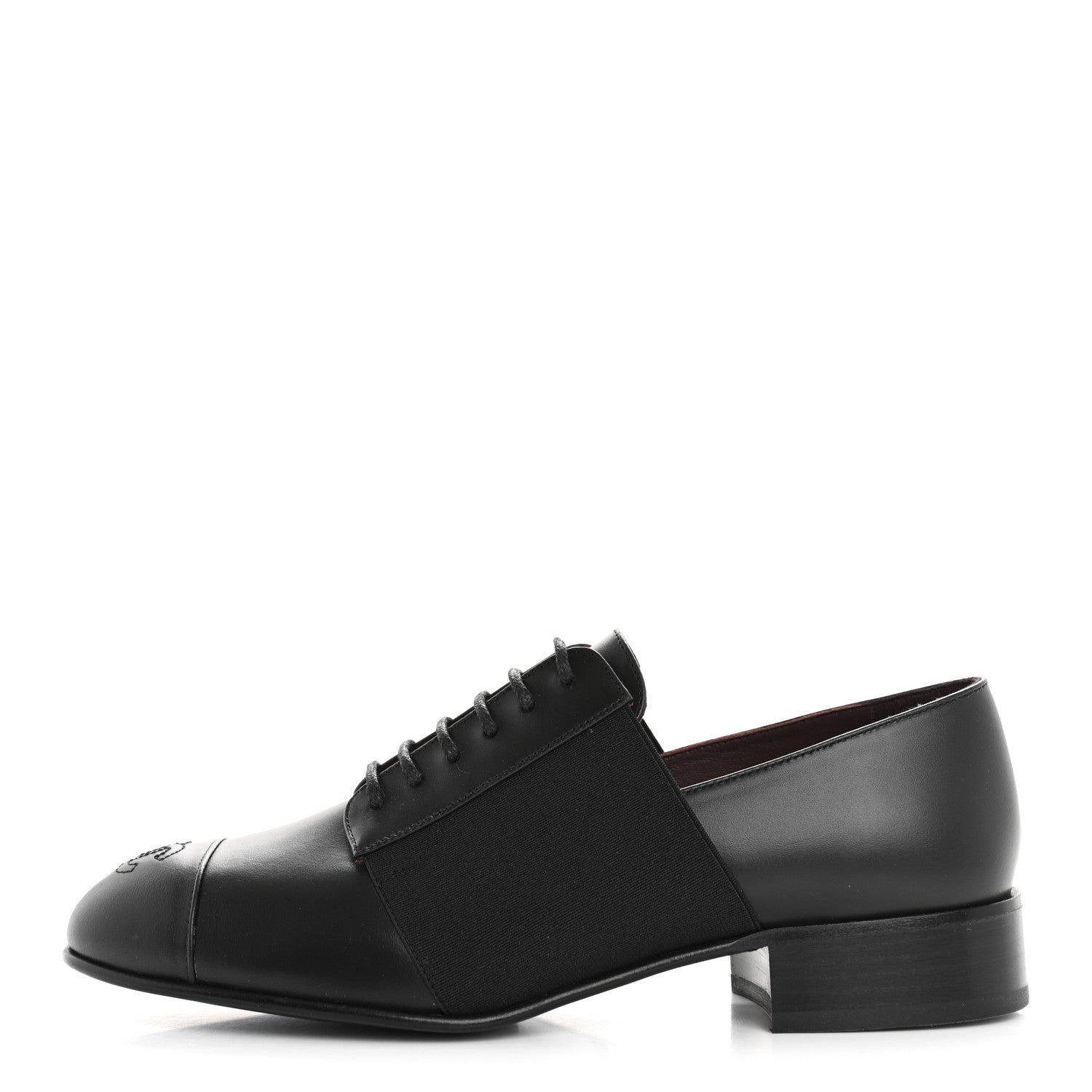 Chanel Calfskin Elastic Lace Up Cap Toe CC Loafers 37.5 Black 1 of 9