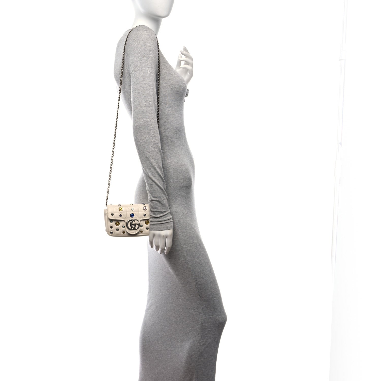 Gucci Calfskin Crystal Matelasse Aria Super Mini GG Marmont Shoulder Bag Mystic White Multicolor 2 of 11