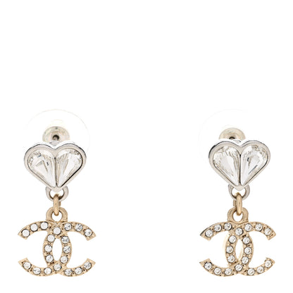 Chanel Crystal CC Heart Drop Earrings Gold Silver 1 of 5