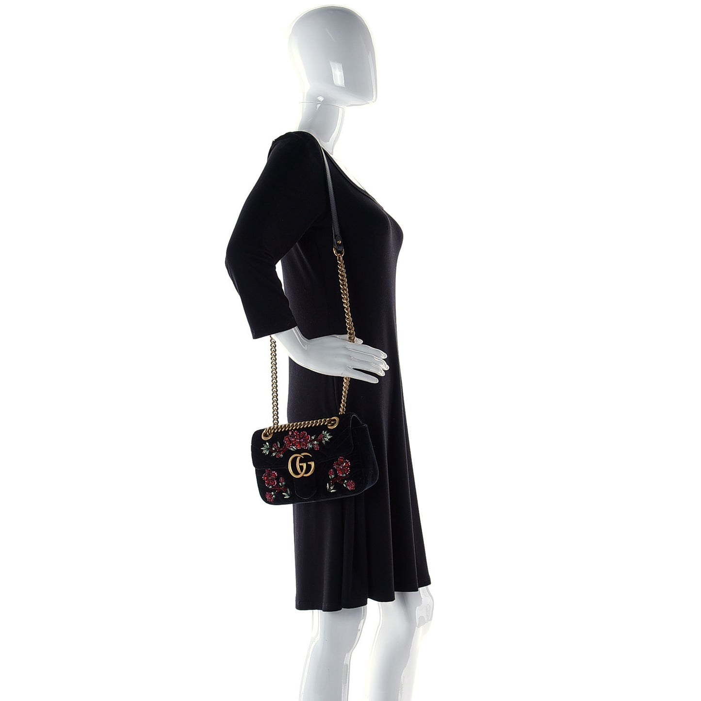 Velvet Matelasse Embroidered Mini GG Marmont Shoulder Bag Black