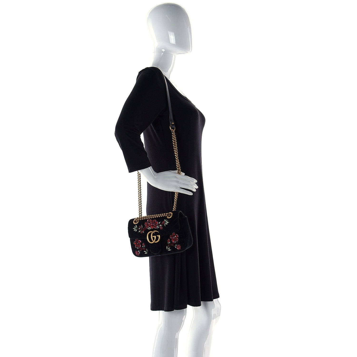 Gucci Velvet Matelasse Embroidered Mini GG Marmont Shoulder Bag Black 2 of 10