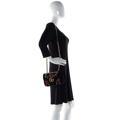 Gucci Velvet Matelasse Embroidered Mini GG Marmont Shoulder Bag Black 2 of 10