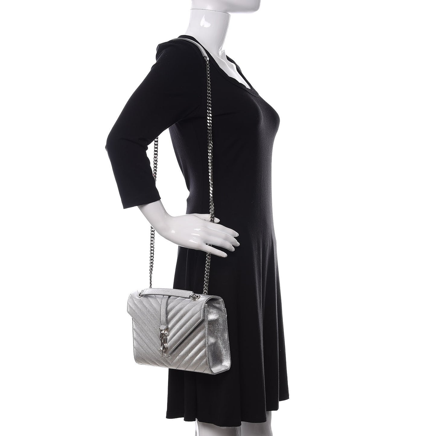 Sheepskin Matelasse Chevron Monogram Medium College Bag Silver