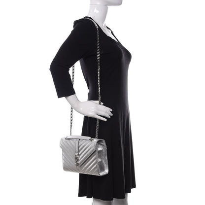 Saint Laurent Sheepskin Matelasse Chevron Monogram Medium College Bag Silver 2 of 12