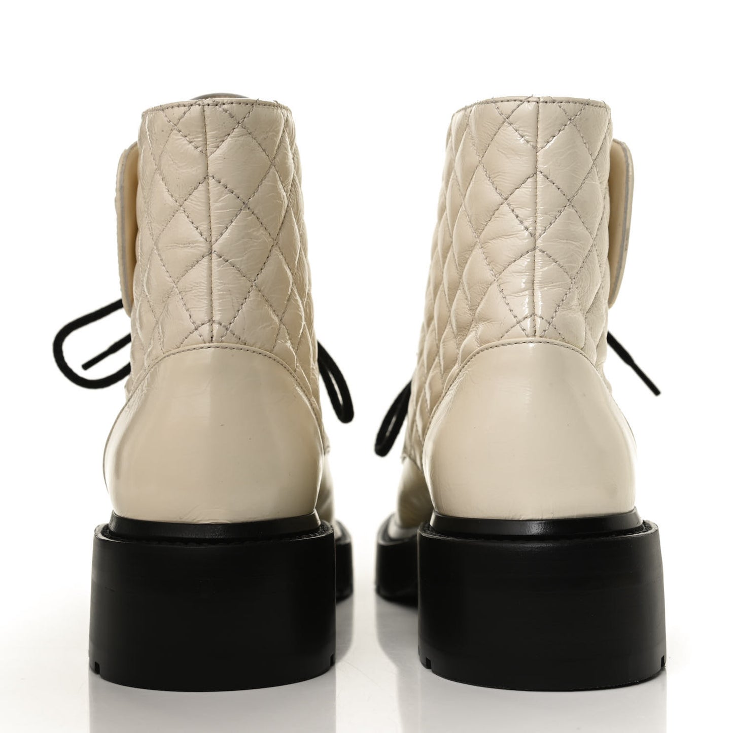 Shiny Calfskin Quilted Lace Up Combat Boots 38 Ivory Black