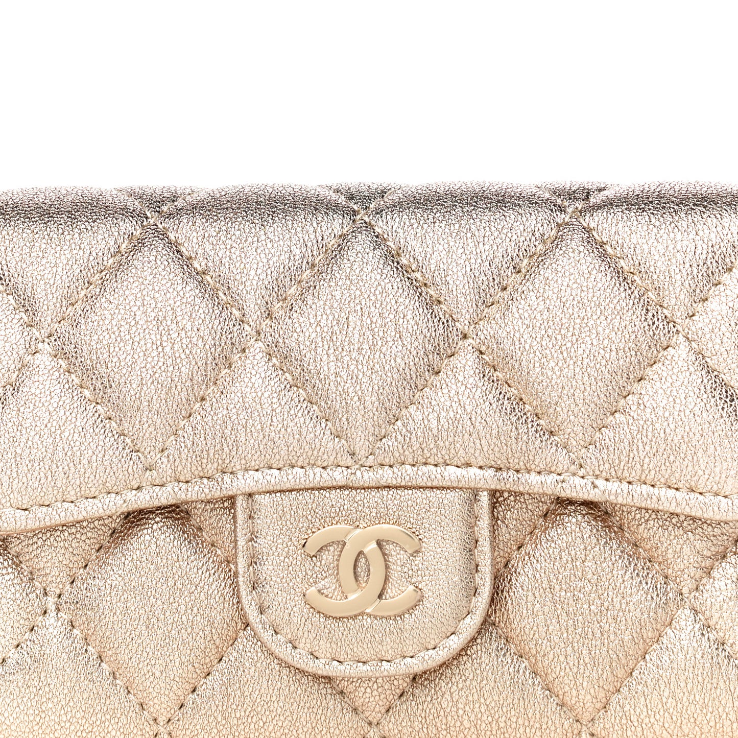 Metallic Lambskin Quilted Flap Card Holder Wallet Gold