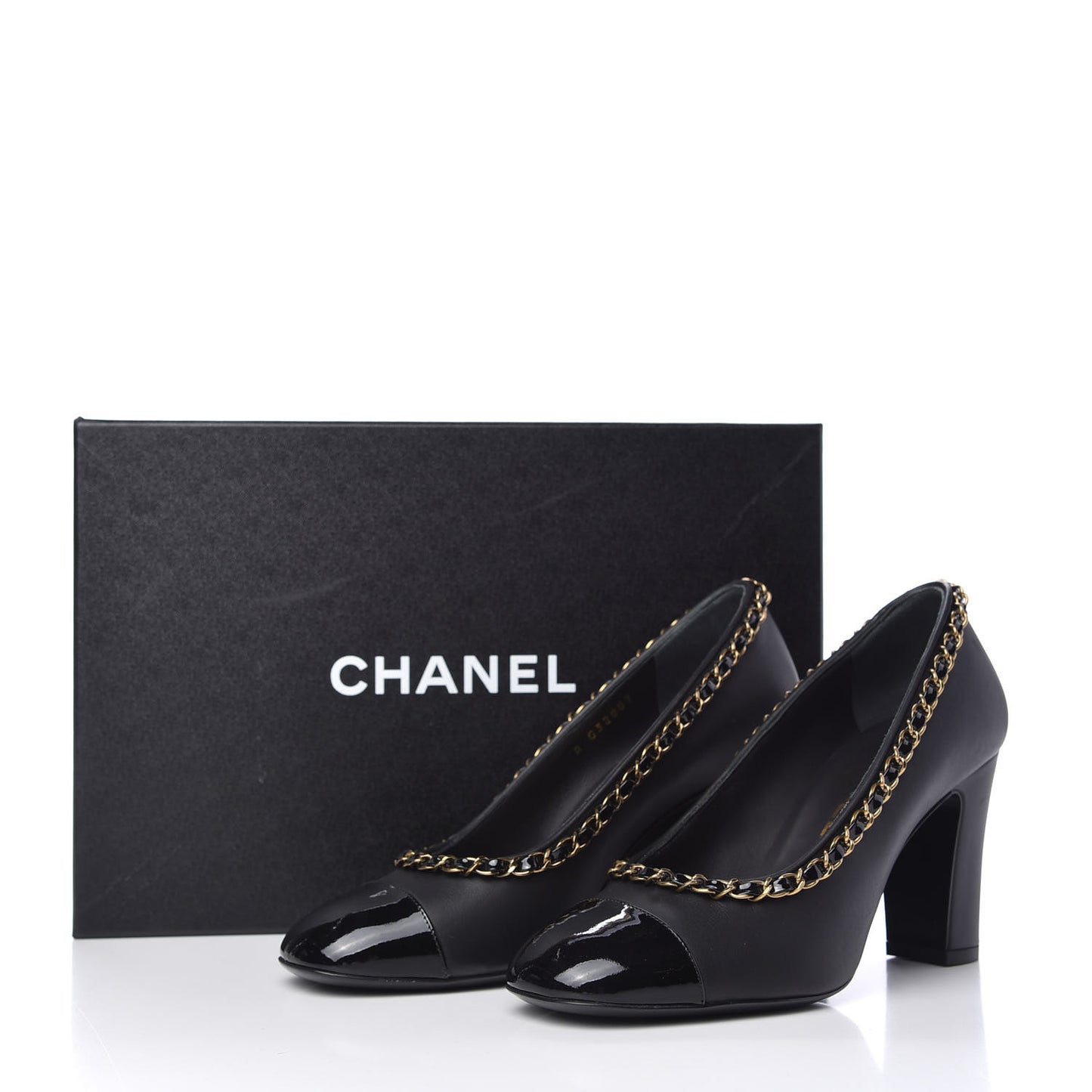Calfskin Patent Calfskin Chain Cap Toe Pumps 36.5 Black