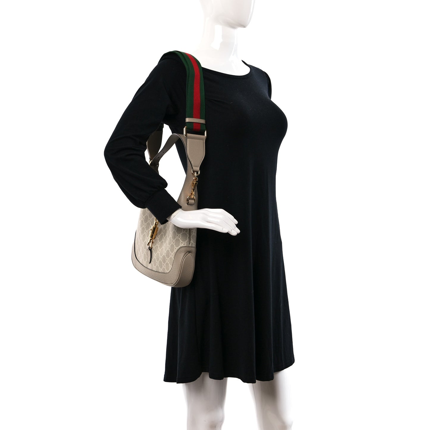 GG Supreme Monogram Textured Dollar Calfskin Web Small Jackie 1961 Hobo Beige Mystic White Oatmeal