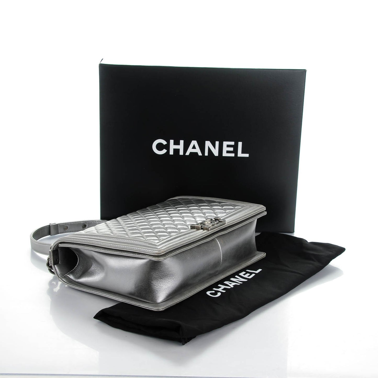 Metallic Calfskin Quilted Large Boy Flap Dark Silver