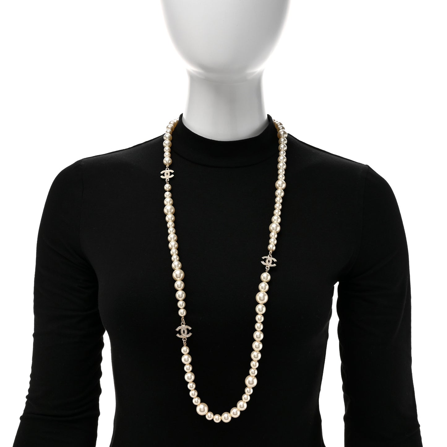 Graduated Pearl Crystal CC Long Necklace White