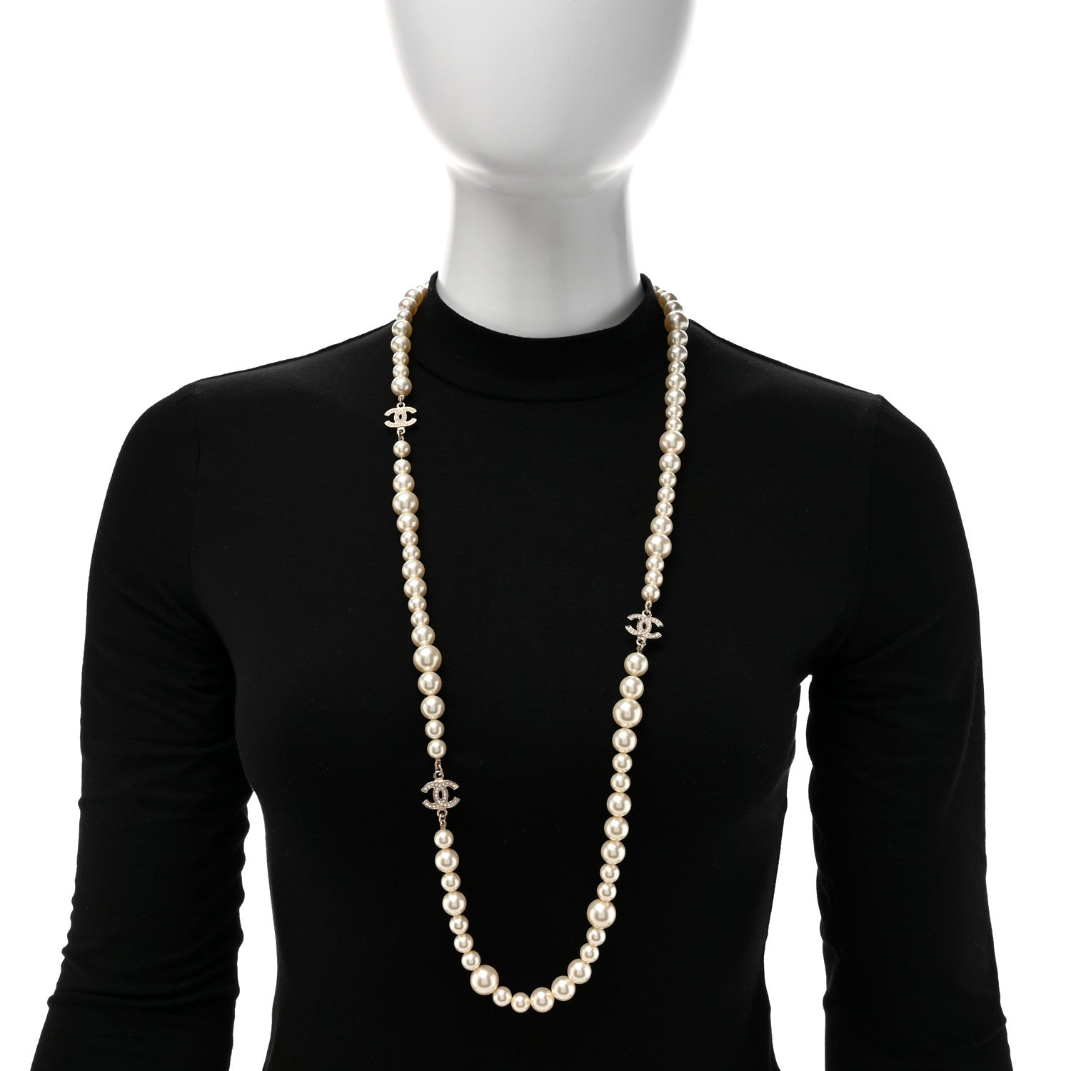 Chanel Graduated Pearl Crystal CC Long Necklace White 2 of 5