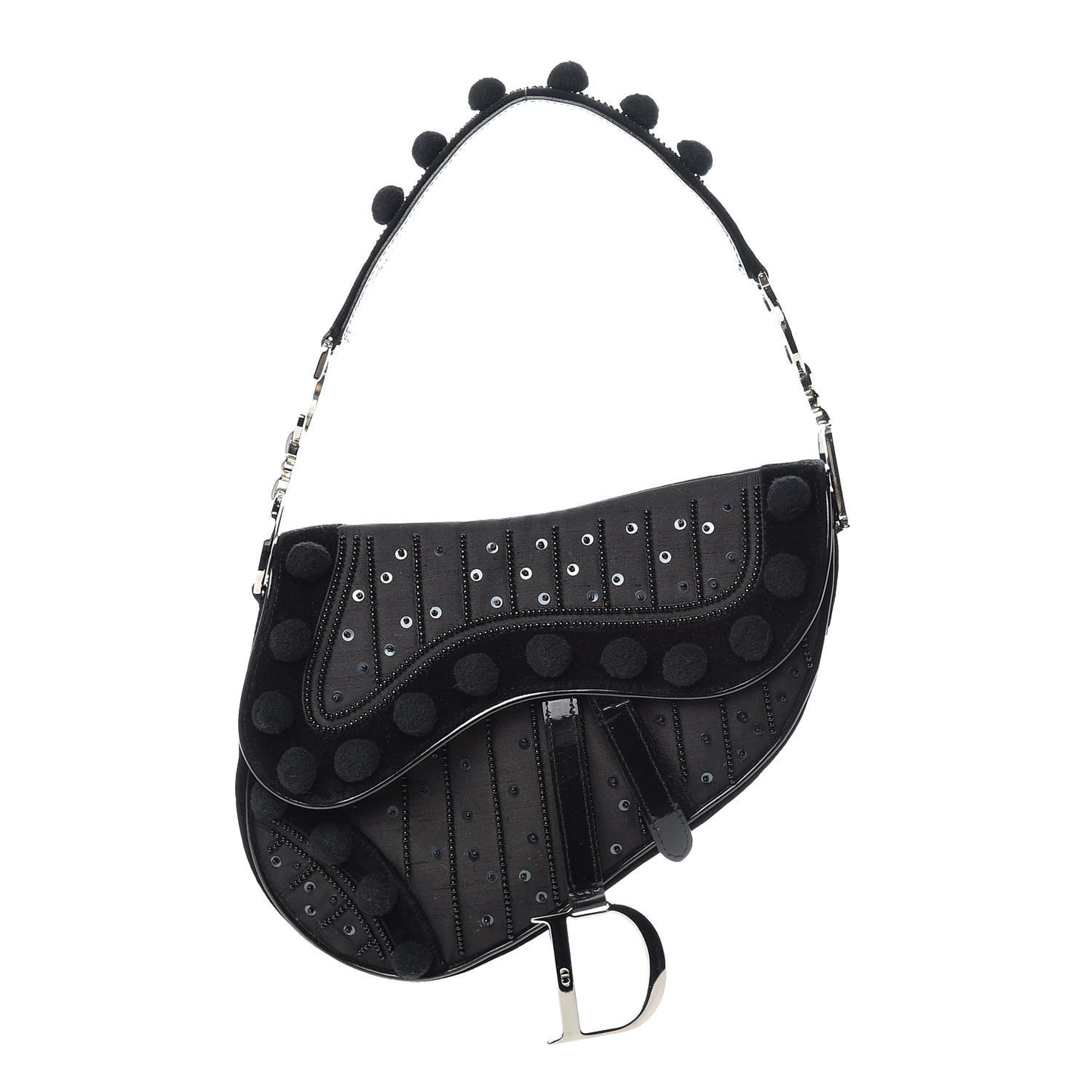 Velvet Nylon Pom Pom Saddle Bag Black