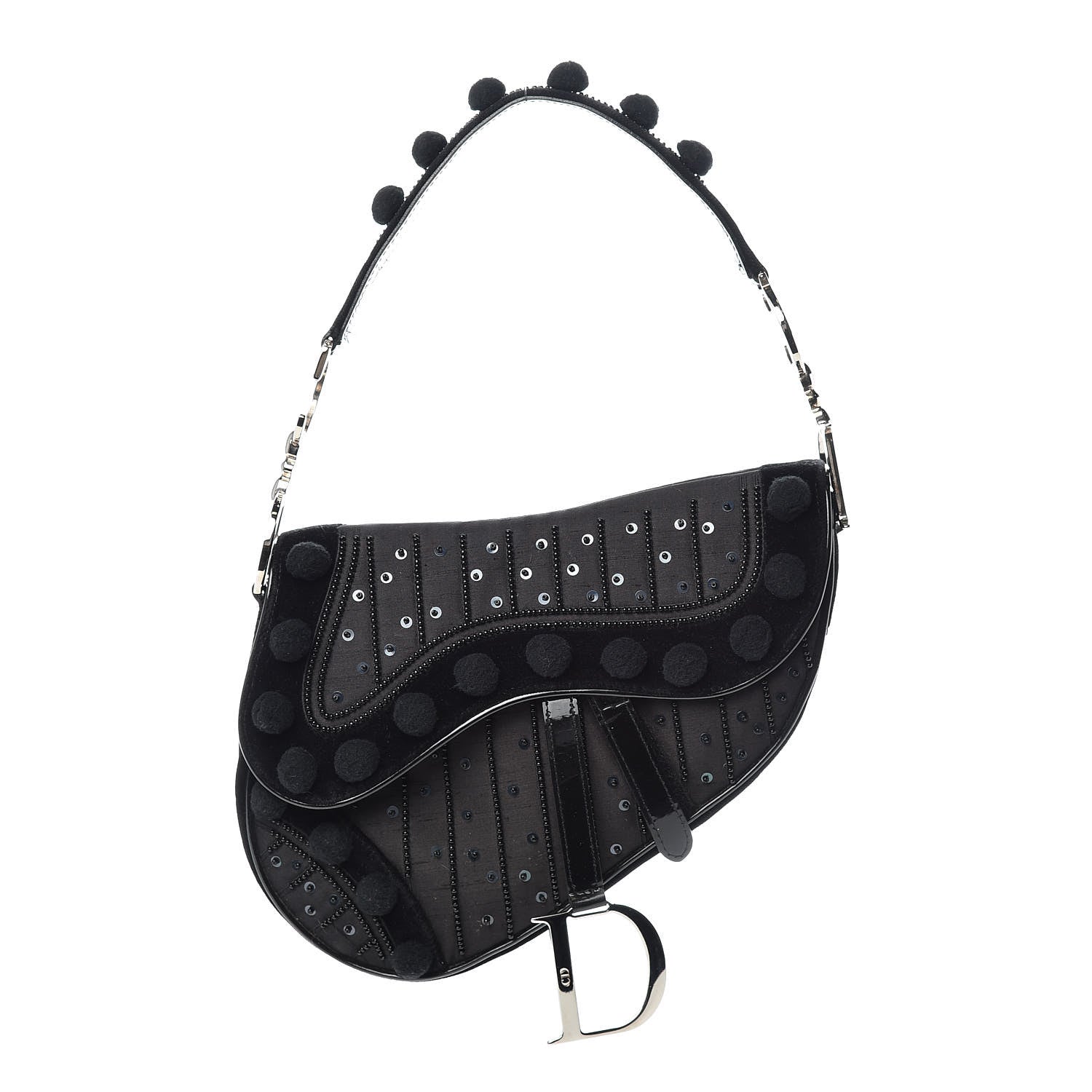 Christian Dior Velvet Nylon Pom Pom Saddle Bag Black 1 of 15