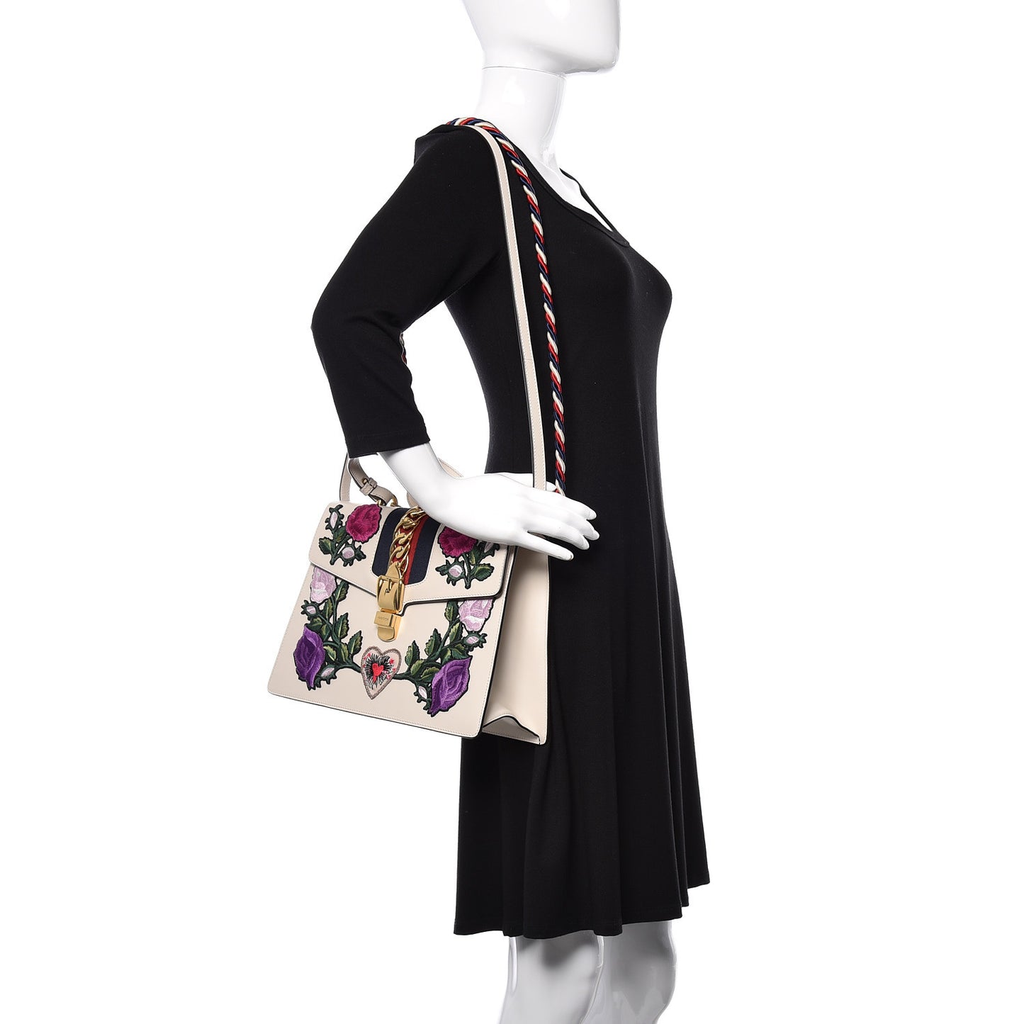 Calfskin Embroidered Medium Sylvie Top Handle Bag White