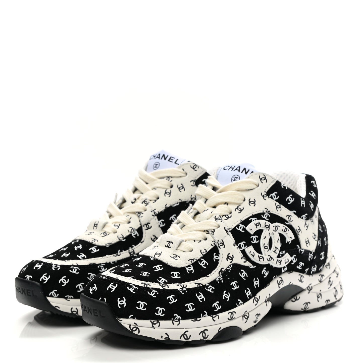 Nylon Suede Calfskin Printed CC Sneakers 35 White Black