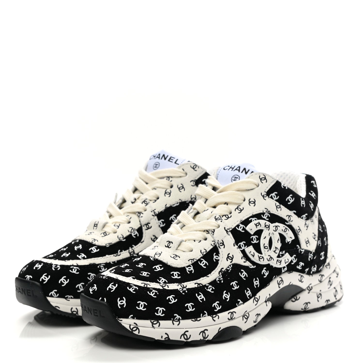 Chanel Nylon Suede Calfskin Printed CC Sneakers 35 White Black 3 of 9