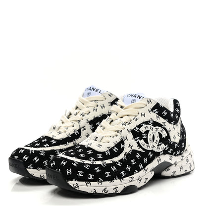 Chanel Nylon Suede Calfskin Printed CC Sneakers 35 White Black 3 of 9