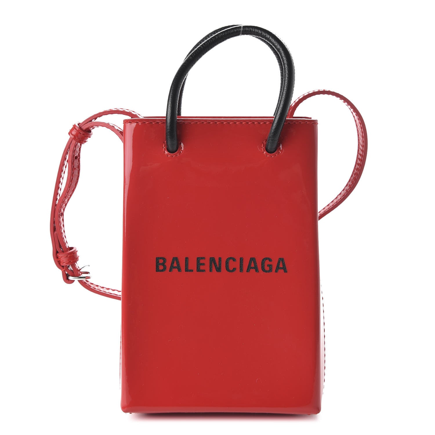 Balenciaga Patent Calfskin Logo Shopping Phone Holder Bag Bright Red 1 of 8