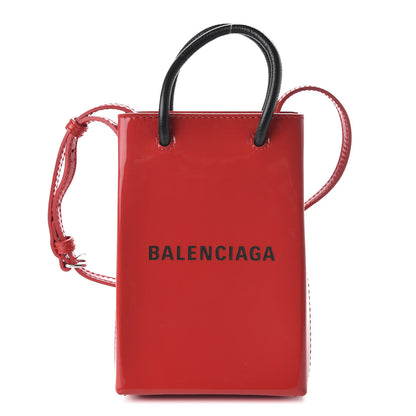Balenciaga Patent Calfskin Logo Shopping Phone Holder Bag Bright Red 1 of 8