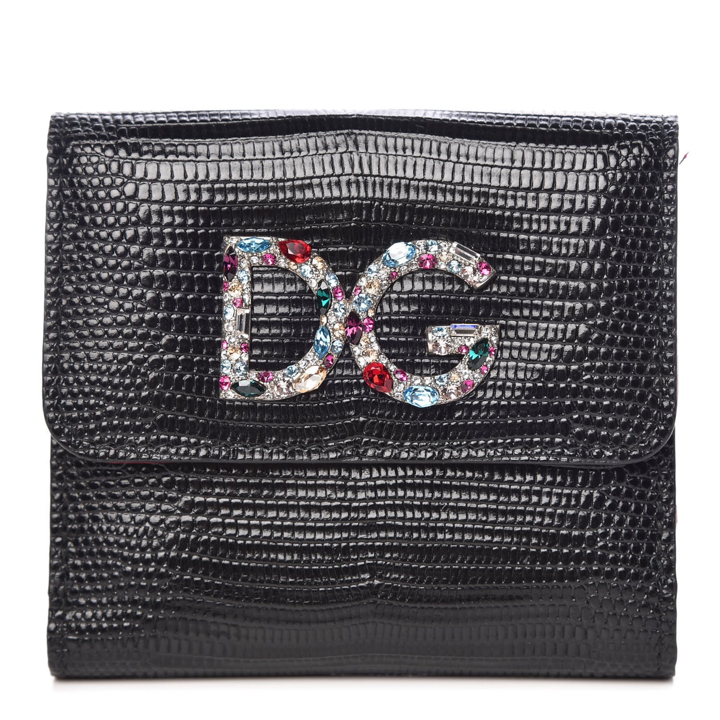 Iguana Calfskin Embossed Embellished Logo French Flap Wallet Black