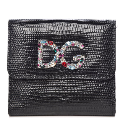Dolce & Gabbana Iguana Calfskin Embossed Embellished Logo French Flap Wallet Black 1 of 10