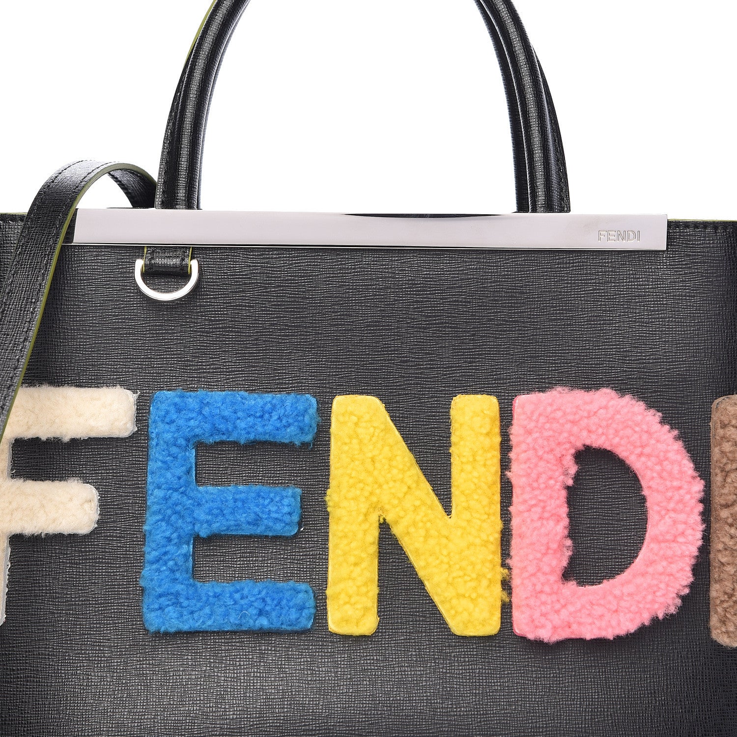 Fendi Vitello Elite Shearling Block Letter Petite 2Jours Tote Black 8 of 11