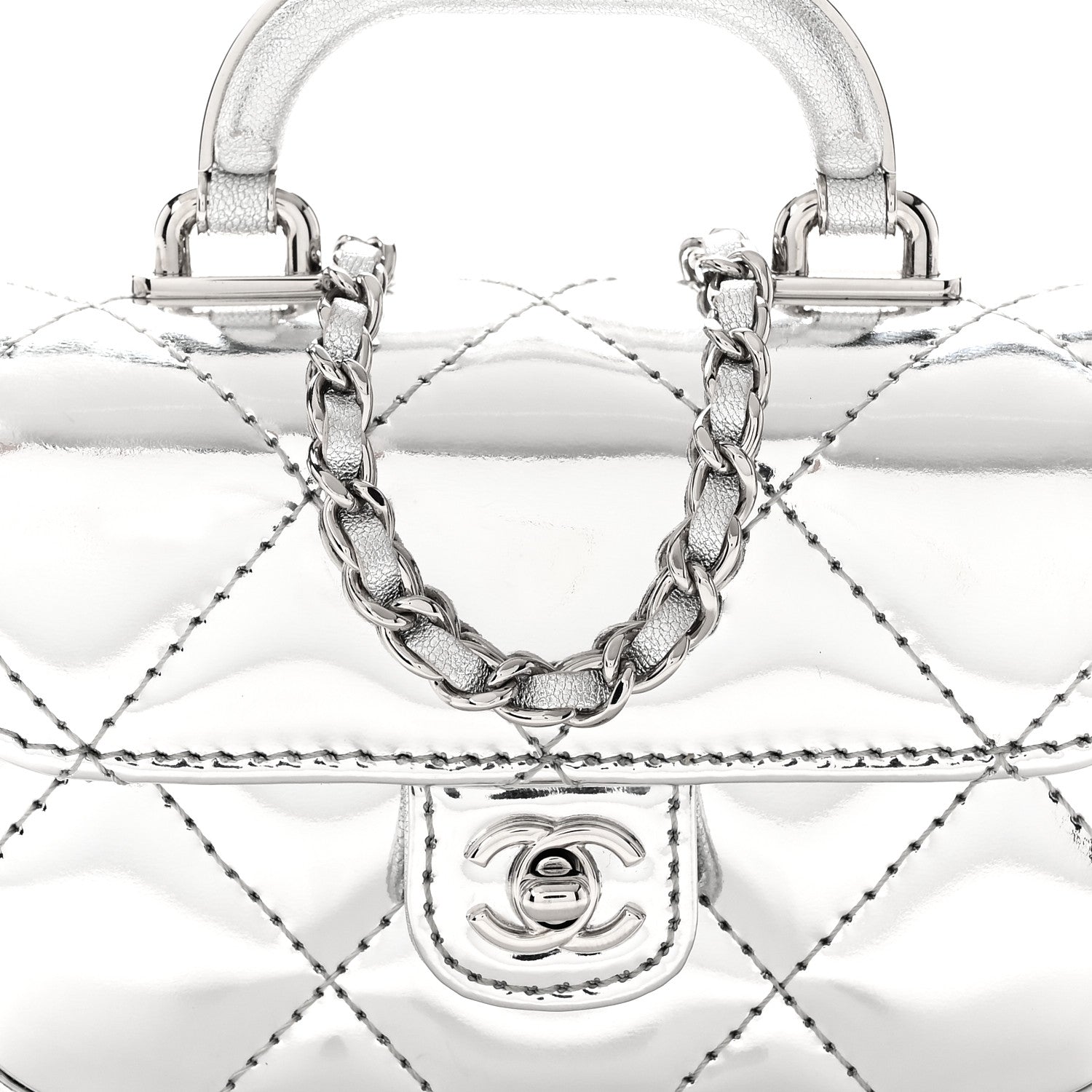 Chanel Mirror Calfskin Small Top Handle Clutch With Chain Silver