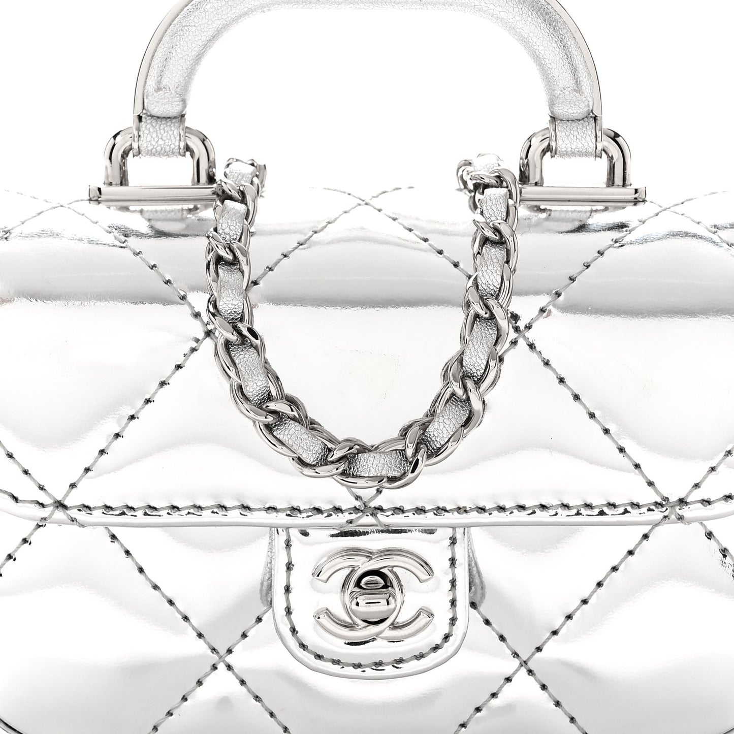 Mirror Calfskin Small Top Handle Clutch With Chain Silver